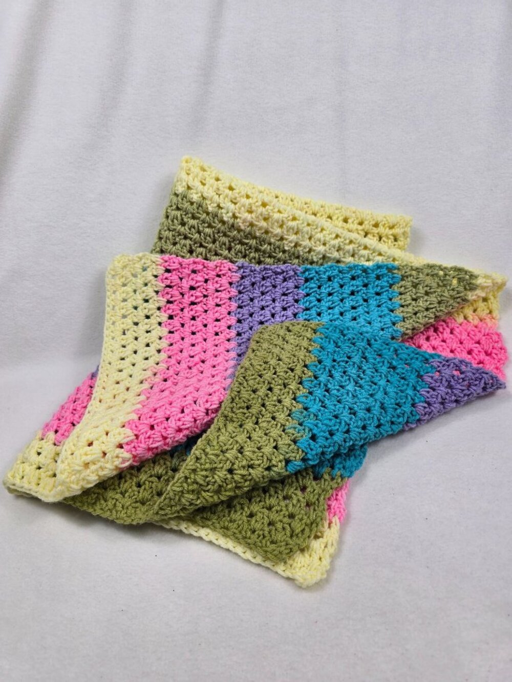Vintage Crochet Baby Blanket 35"x28" Multicolor Pastel Stripe Handmade Soft Cozy